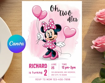 Editable Oh TWOdles Birthday Invitation, Minnie Mouse Second Birthday Invite, Oh Twodles Invitiation, Boho Minnie Invite - PMS0010