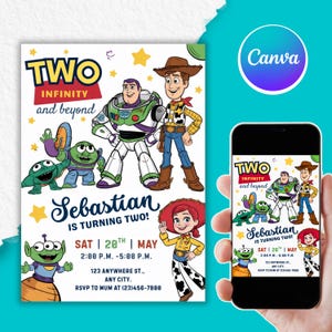 Editable Toy Story Invitation Template, Watercolor Toy Story Birthday Party Invite, Digital Invitation, Kids Invite, Woody, Buzz Lightyear