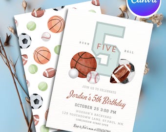 Sports Birthday Invitation Template, Let's Have a Ball, All Star Invite, 5th, Football, Basketball, Baseball, Soccer, Golf Balls, PMS0052