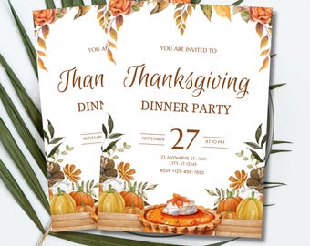 Invito alla cena del Ringraziamento, modello floreale modificabile con torta di zucca, fiori autunnali rustici, Friendsgiving, download immediato, PMS0150