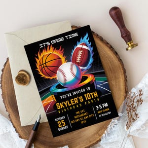 Sport-Geburtstagseinladung, Spielzeit-Party, Basketball, Football & Baseball-Design, lustige Sport-Geburtstagsfeier, personalisierte einladen
