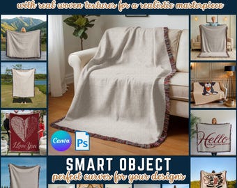30+ Woven Blanket Mockup Bundle Canva Photoshop Woven Throw Blanket Mockup Heirloom Blanket Mockup Jacquard Fringed Woven Blanket, PMS0207