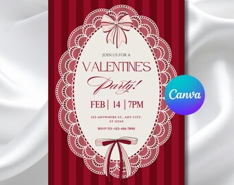 Valentine's Day Party Invitation Template, Vintage Lace Valentine Invite, Romantic Dinner Party, Instant Download - PMS0264