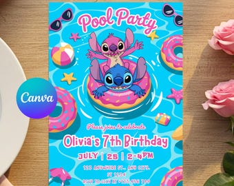 Editable Pool Party Birthday Invitation, Pool Birthday Invite, Summer Birthday Party, Splish Splash Birthday Invitation, CANVA, PMS0114