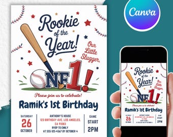 Bearbeitbare Baseball-Geburtstagseinladung, Rookie des Jahres, kleiner Slugger-Geburtstag einladen, Sportparty, digitale Einladung, Canva, PMS0059