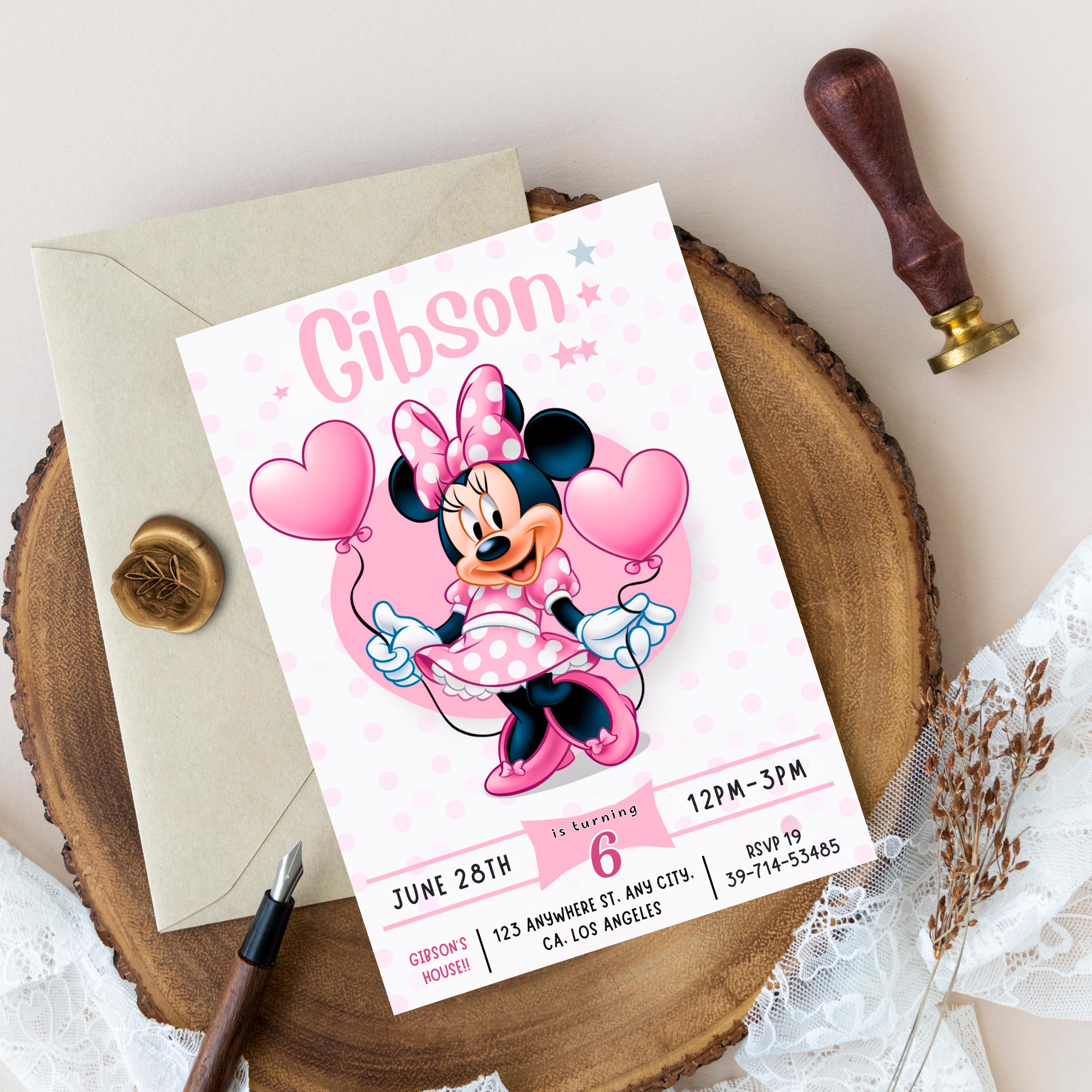 Editable Minnie Mouse Birthday Invitation, Watercolor Pink Minnie Mouse ...