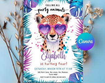 Editable Party Animals Birthday Invitation, Cheetah Safari Jungle Theme, Instant Download - PMS0249