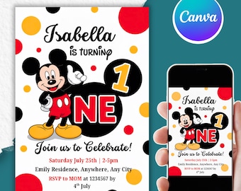 Mickey Mouse Birthday Invitation, Birthday Party, Red, Black, and Yellow Theme, Disney Baby Party Invite, Personalized Kids Celebration