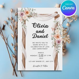 Rustic Wedding Invitation Template, Editable Floral Arch Invite, Digital Download, Watercolor Wedding Invitation, Printable Ceremony Invite