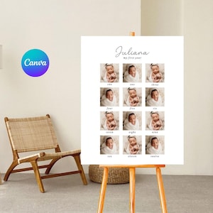 First Year Birthday Milestone Sign, Printable Baby&#39;s First Year Poster, Editable 1st Birthday Milestone Board, Photo Collage Template, Canva