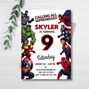 Modelo de convite de aniversário de super-herói editável | Cartão de convite para festa infantil dos Vingadores, Homem-Aranha e Hulk | Aniversário de super-herói para impressão