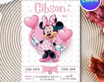 Invitación de cumpleaños editable de Minnie Mouse, invitación rosa acuarela de Minnie Mouse, fiesta de cumpleaños de niña, Minnie Mouse, descarga instantánea PMS0008