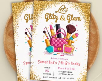 Editable Glitz and Glam Birthday Party Invitation Spa Party Makeup Birthday Invitation Pink Gold Girl Download Printable Template, PMS0090