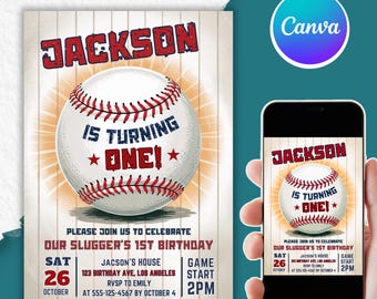 Benutzerdefinierte Baseball Geburtstagseinladung, Sport-Geburtstagseinladung, Baseball Geburtstagseinladungen, Vorlage, Canva, Sofort-Download, PMS0058
