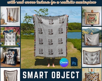 10+ Woven Blanket Mockup Bundle Canva Photoshop, Woven Throw Blanket Mockup, Heirloom Blanket Mockup, Jacquard Fringed Woven Blanket Mockup