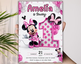 Redigerbar Minnie Mouse födelsedagsinbjudan, Minnie Mouse födelsedag, akvarell födelsedagsinbjudningsmall, direkt nedladdning - PMS0001