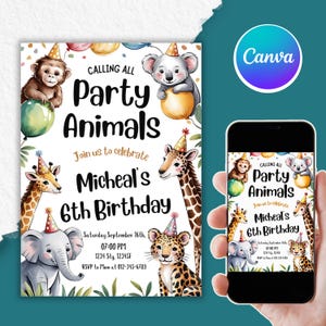 Editable Party Animal Birthday Invitation, Party Animals Theme Cute Animal Party Invite, Pig, Rabbit, Duck, Personalized Digital Invitation
