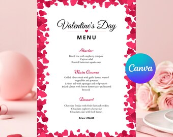Pink Valentine’s Day Menu Template, Canva Editable Romantic Dinner Flyer, Printable Menu, Instant Download - PMS0269