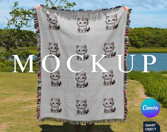 Woven Blanket Mockup Photoshop, Smart Object Woven Blanket Mockup Canva, Print on Demand blanket Mock Up PSD, Woven Throw Blanket MockUp