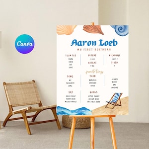 Letrero de primer cumpleaños de playa, póster editable de estadísticas de primer cumpleaños de verano, decoración para fiesta con temática oceánica, letrero de playa, Canva