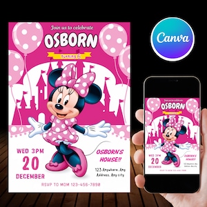 Bearbeitbare Minnie Mouse-Geburtstagseinladung, Geburtstagsfeier, personalisierte Pink Minnie Printable, sofortiger digitaler Download, Minnie Mouse-Thema