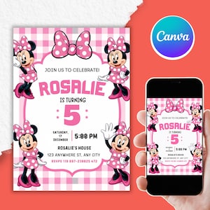 Editable Minnie Mouse Birthday Invitation, Watercolor Girls Birthday Invite, Printable Invitation, Minnie Mouse Theme, Canva Template
