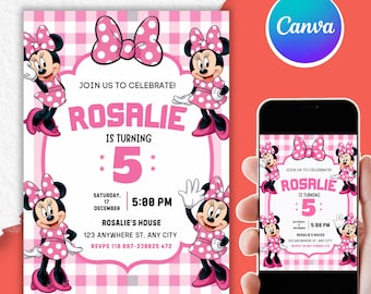 Editable Minnie Mouse Birthday Invitation, Watercolor Girls Birthday Invite, Printable Invitation, Minnie Mouse, Canva Template, PMS0009