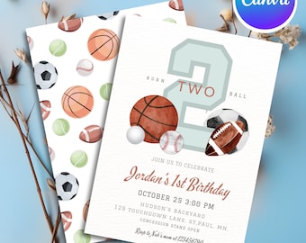 Sports Birthday Invitation Template, Let's Have a Ball, All Star Invite, 2nd Birthday, Football, Basketball, Baseball, Soccer, Golf Balls