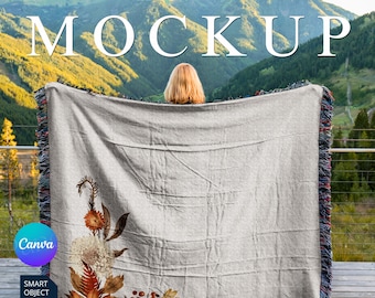 Woven Blanket Mockup Photoshop, Woven Throw Blanket MockUp, Pint on Demand blanket Mock Up PSD, Smart Object Woven Blanket Mockup Canva