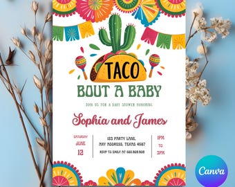 Invito per baby shower Fiesta, Taco Bout A Baby, invito modificabile a tema messicano con cactus e maracas, colorato baby shower per coppie, PMS0041