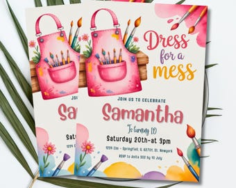 Redigerbar konstfödelsedagsinbjudan, Dress for a Mess-födelsedagsinbjudan, inbjudan till tjejmålningsfest, hantverksfestinbjudan, CANVA, PMS0106