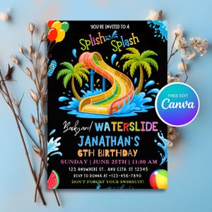 Editable Waterslide Birthday Invitation, Summer Pool Party, Splash Birthday Evite, Water Slide Bash Modern Canva Template, Boy Girl