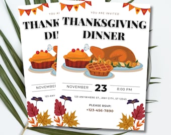 Modello modificabile per invito alla cena del Ringraziamento, tacchino e torta, divertente festa autunnale, invito stampabile per il Ringraziamento tra amici, download immediato, PMS0149
