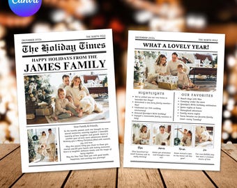 Puede incluir: Una tarjeta de Navidad en blanco y negro estilo periódico con una foto de una familia frente a un árbol de Navidad. El titular dice "The Holiday Times" y "Happy Holidays from the James Family". La tarjeta incluye un mensaje para la familia y los amigos.