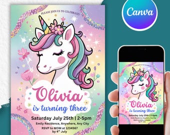 Unicorn Birthday Invitation, Unicorn Invitation, Rainbow Unicorn Birthday Invite, Pastel Unicorn Invitation, Instant download, PMS0108
