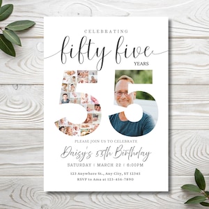 May include: A white invitation card for a 55th birthday celebration. The text reads "Celebrating fifty five years" with the number "55" prominently displayed. The number "5" is filled with baby photos, and the other "5" contains a photo of a man.