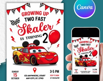 Invitation modifiable de grandir deux voitures rouges de course rapide pour 2e anniversaire de bébé garçon, fête Lightning McQueen, modèle canva, PMS0028