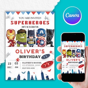 Super Hero Birthday Invitation Template - Editable Avengers & Spiderman Kids Party Invite Card, Super Hero Invitation Card, Instant Download