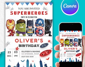 Super Hero Birthday Invitation Template, Editable Avengers & Spiderman Kids Party Invite, Super Hero Invitation, Instant Download - PMS0035