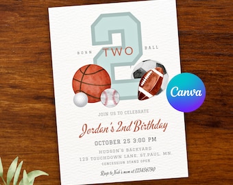 Sports Birthday Invitation Template, Let's Have a Ball, All Star Invite, Football, Basketball, Baseball, Soccer, Golf Balls - PMS0049