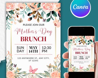 Mother's Day Brunch Invitation – Floral Watercolor Design, Elegant Spring Event Invite, Pink Roses & Dragonfly, Party Invitation, PMS0111