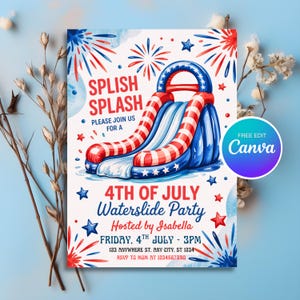 Pode incluir: Convite para uma festa aquática de 4 de julho, com um escorrega insuflável vermelho, branco e azul. O design inclui o texto "Splish Splash" e detalhes da festa, organizada por Isabella.