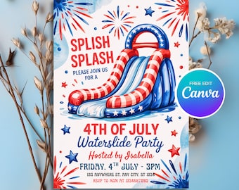 Invitación para fiesta acuática del 4 de julio, invitación editable para el 4 de julio, invitación imprimible para fiesta en la piscina, Día de la Independencia, PMS0102
