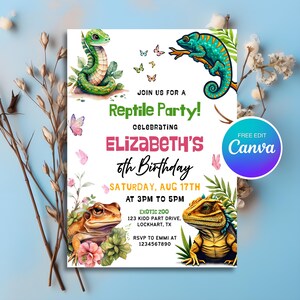 Puede incluir: Invitación a una fiesta de cumpleaños con temática de reptiles, con ilustraciones de una serpiente verde, un camaleón turquesa, una rana marrón y un lagarto amarillo. La invitación incluye el texto "Reptile Party!" y "6º Cumpleaños de Elizabeth".