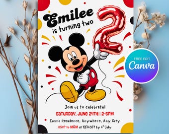 Mickey Mouse Birthday Invitation, Printable Invitation Mickey,, Oh Twodles I'm two Micky, Mickey Mouse Themed Invitation, CANVA, PMS0125