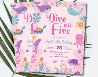 Editable Dive Into Five Birthday Invitation, Ocean Animals Theme, Editable Template, Under the Sea Party Invite, Kids Birthday, PMS0083