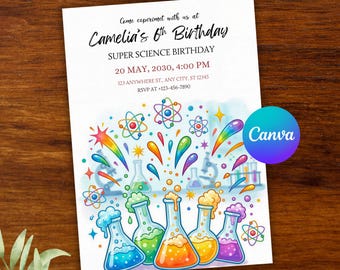 Invito di compleanno a tema scientifico modificabile, invito per festa a tema scienziato pazzo, tema compleanno STEM, festa con esperimenti scientifici, download immediato - PMS0293