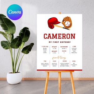 Baseball First Birthday Milestone Sign, Editable 1st Birthday Stats Poster, Rookie of The Year Party Decor, Printable Milestone Board, Canva
