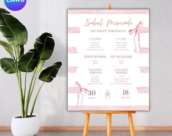 Panneau modifiable pour le premier anniversaire d'un noeud rose, fête du noeud rose, noeud aquarelle, ruban rose minimaliste, premier anniversaire de fille, toile, PMS0166