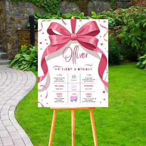 Pink Bow Birthday Milestone Sign, Pink Bow 1st Birthday Milestone Board, Milestone Poster Printable, Baby First Year Stats Pink Bow Girl